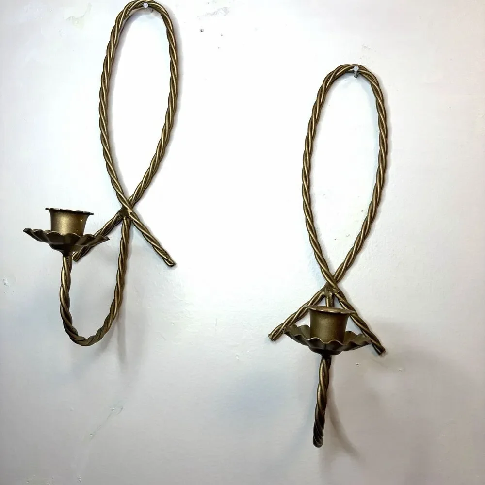 Set of 2 Home Interior Homco Metal Twisted Gold Rope Candle Holder Wall Sconces